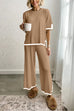 Karleedress Color Block Short Sleeves Side Split Pullover Wide Leg Pants Knitting Loungewear Set