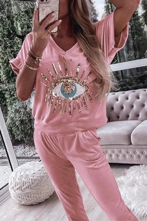 Karleedress Sequin Pattern V Neck Short Sleeve Top with Pocketed Pants Casual Set