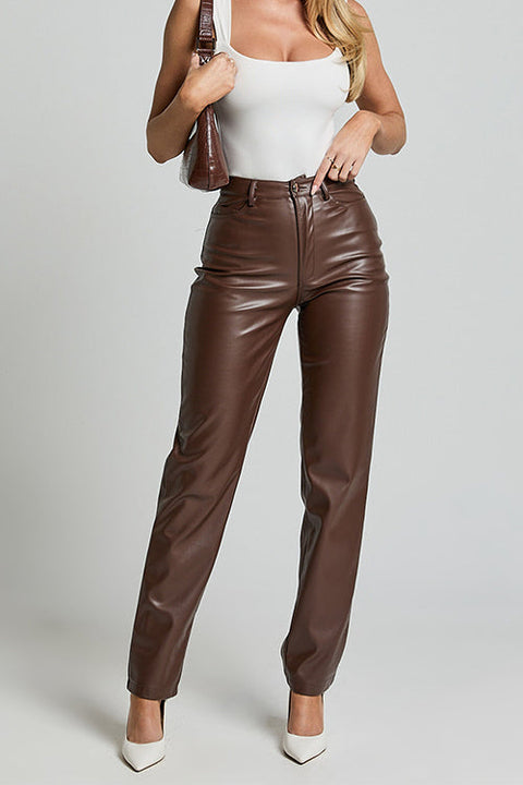 Karleedress High Rise Pocketed Casual Faux Leather Pants