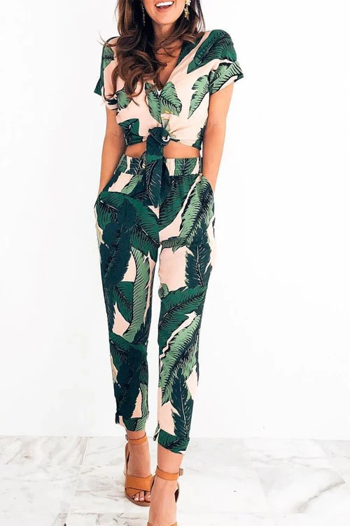 Karleedress Short Sleeve Crop Top and Pants Leaves Printed Outfits