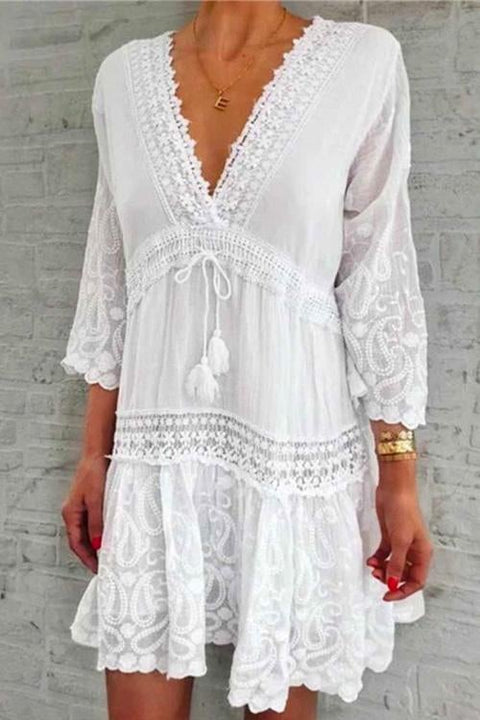 Karleedress V Neck Lace Trim Tassel Swing Dress