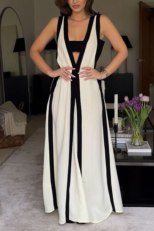 Karleedress Deep V Neck Sleeveless Color Block Maxi Swing Dress