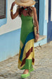 Karleedress V Neck Backless Color Block Maxi Cami Dress