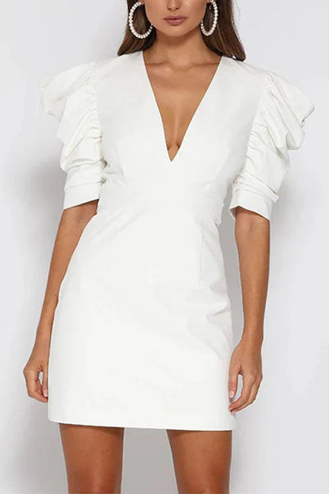 Karleedress V Neck Backless Ruched Puff Sleeves Mini Dress