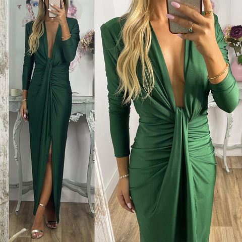 Karleedress Deep V Neck Ruched Slit Maxi Bodycon Dress