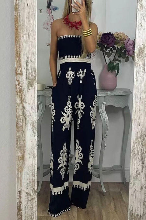 Karleedress Off Shoulder Smocked High Waist Wide Leg Printed Jumpsuit