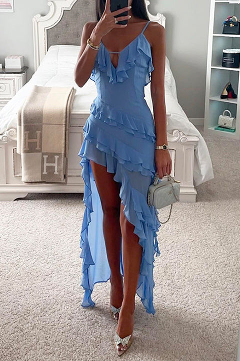 Karleedress V Neck Ruffle Trim High Low Hem Party Cami Dress