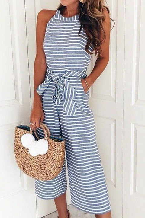 Karleedress Crewneck Sleeveless Striped Bow-Knot Wide Leg Jumpsuit