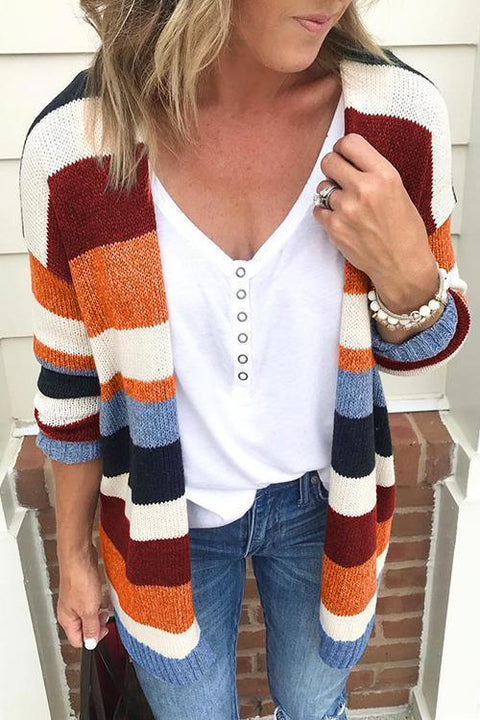 Karleedress Rainbow Stripes Open Front Cozy Sweater Cardigan