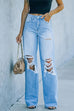 Karleedress One Button Straight Leg Ripped Denim Pants