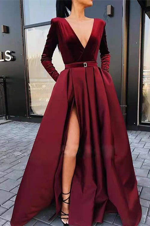 Karleedress Deep V Neck High Split Velvet Swing Party Dress