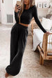 Karleedress Long Sleeve Crop Top Elastic Waist Wide Leg Pants Set