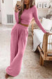 Karleedress Long Sleeve Crop Top Elastic Waist Wide Leg Pants Set