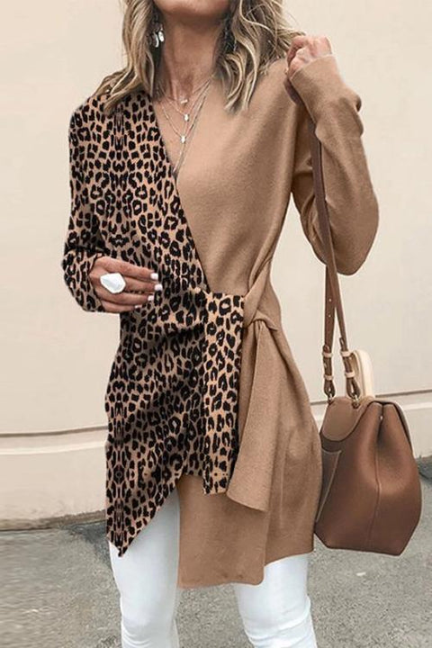 Karleedress V Neck Leopard Splice Wrapped Outwear