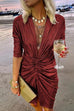 Karleedress Deep V Neck Long Sleeve Ruched Glitter Dress