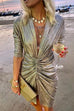 Karleedress Deep V Neck Long Sleeve Ruched Glitter Dress