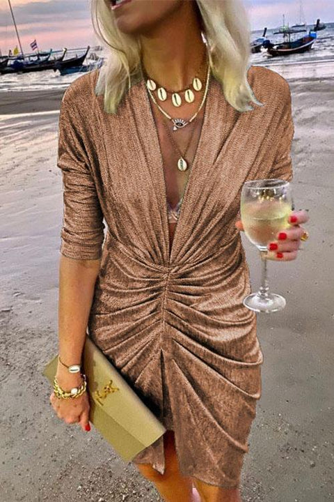 Karleedress Deep V Neck Long Sleeve Ruched Glitter Dress