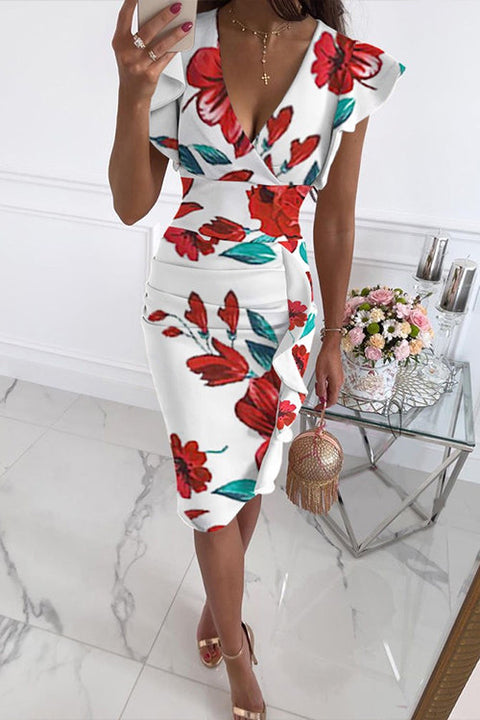 Karleedress Ruffle V Neck Sleeveless High Waist Printed Dress