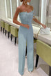 Karleedress Off Shoulder Feather Splice Belted Jumpsuit