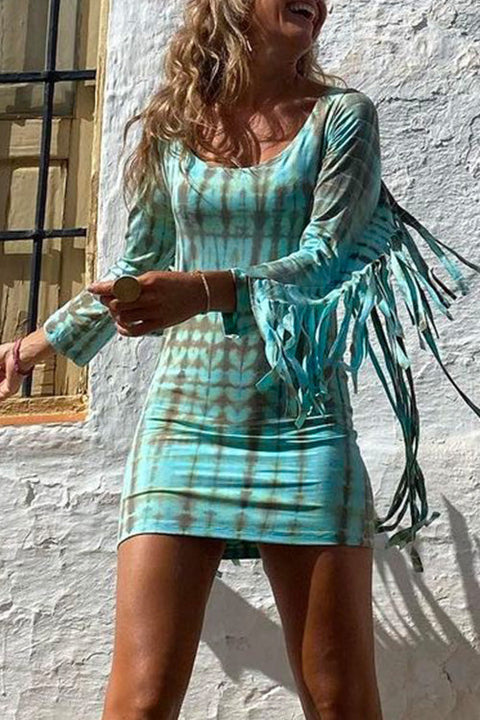 Karleedress Tassel Long Sleeve Tie Dye Bodycon Dress