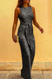 Karleedress Crewneck Sleeveless Tie Waist Sequin Jumpsuit