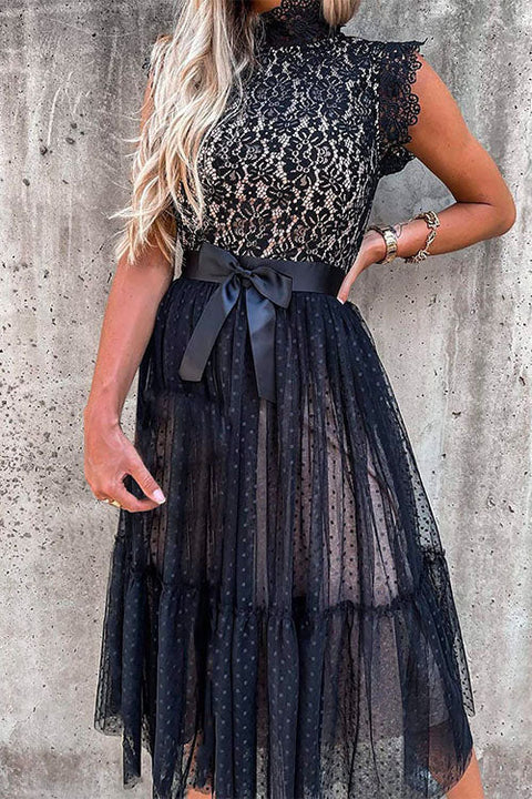 Karleedress Fashion Style Mockneck Sleeveless Lace Swing Dress