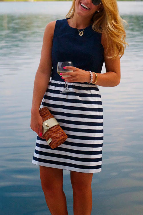 Karleedress Casual Crewneck Sleeveless Stripes Dress