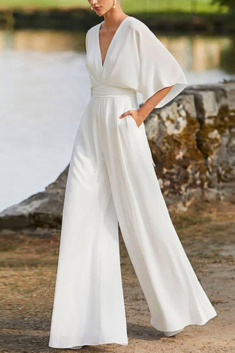 Karleedress Deep V Neck High Waist Wide Leg Jumpsuit