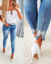 Karleedress Beaded Butterfly Distressed Skinny Denim Pants