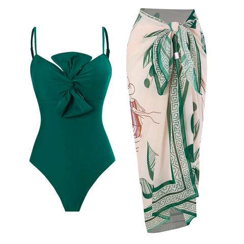 Karleedress Bow Front One-piece Swimsuit and Printed Wrap Cover Up Skirt Set