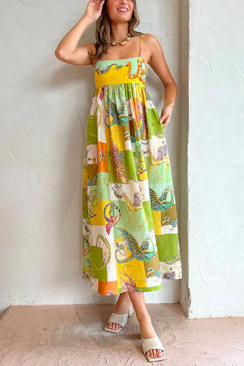 Karleedress Bow Knot Back Dinosaur Printed Cami Maxi Holiday Dress