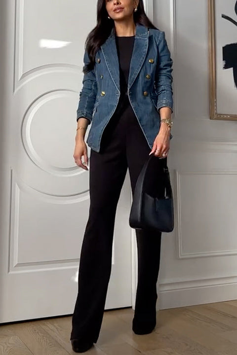 Karleedress Notch Collar Double Breasted Denim Blazer