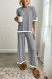 Karleedress Color Block Short Sleeves Side Split Pullover Wide Leg Pants Knitting Loungewear Set