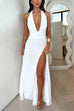 Karleedress Deep V Neck Halter Tie Knot Backless Slit Maxi Dress