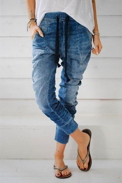 Karleedress Drawstring Waist Ruched Harem Denim Joggers