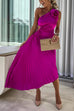 Karleedress 3D Rose One Shoulder Cut Out Waist Asymmetric Hem Pleated Maxi Dress