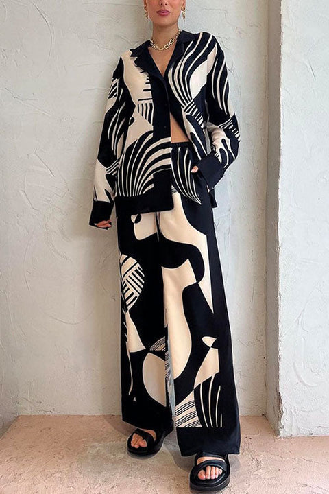 Karleedress Graphic Printed Long Sleeve Blouse Shirt Wide Leg Pants 2 Pieces Set