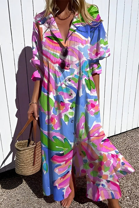 Karleedress Ruched Button Down Balloon Sleeves Printed Maxi Dress