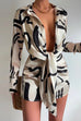 Karleedress Lapel Long Sleeve Tie Knot Front Printed Mini Dress