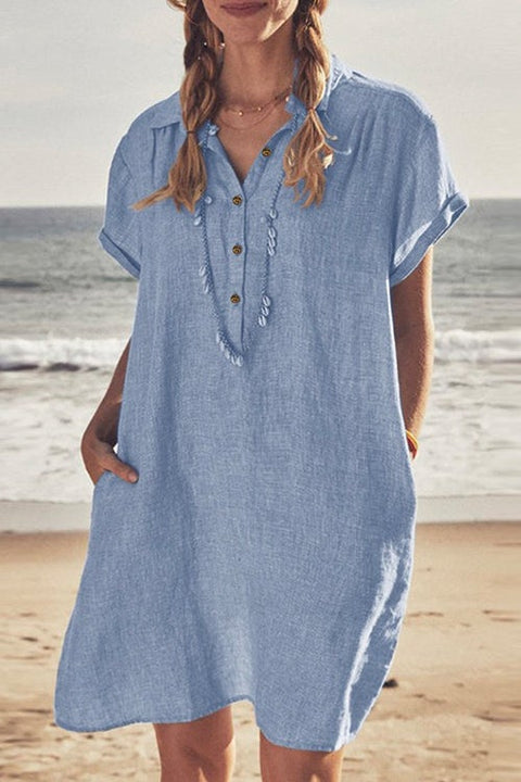 Karleedress Lapel Buttons Cotton Linen Shirt Dress