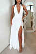 Karleedress Deep V Neck Halter Tie Knot Backless Slit Maxi Dress