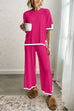 Karleedress Color Block Short Sleeves Side Split Pullover Wide Leg Pants Knitting Loungewear Set