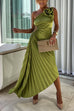 Karleedress 3D Rose One Shoulder Cut Out Waist Asymmetric Hem Pleated Maxi Dress