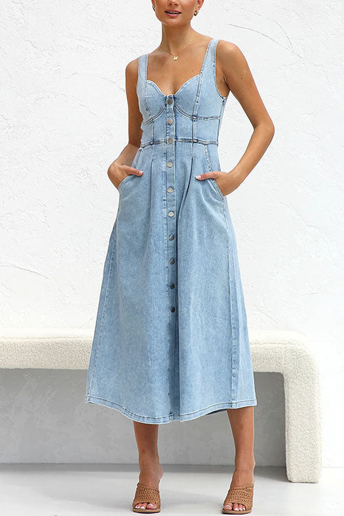 Karleedress Distressed Button Down Pocketed Denim A-line Midi Cami Dress