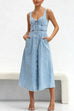 Karleedress Distressed Button Down Pocketed Denim A-line Midi Cami Dress