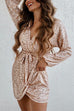 V Neck Long Sleeves Tie Waist Wrap Sequin Mini Dress