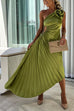 Karleedress 3D Rose One Shoulder Cut Out Waist Asymmetric Hem Pleated Maxi Dress