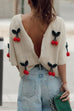 Karleedress Short Sleeves Button Up Cherry Decorative Knit Sweater