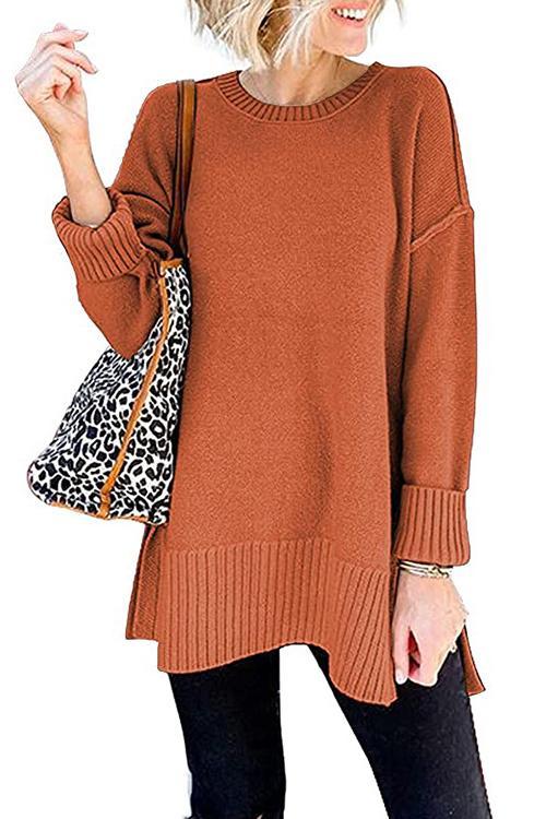 Karleedress Side Split Ribbed Trim Loose Mid Sweater