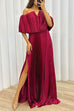 Karleedress Off Shoulder Waisted High Slit Pleated Maxi Dress